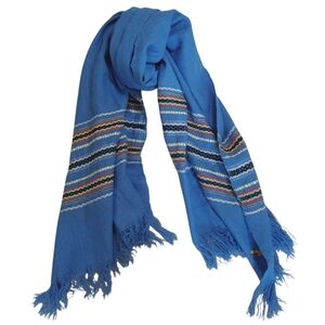 Ema Co 100% Wool Fair Isle Fringe Scarf Blue Made in Ecuador